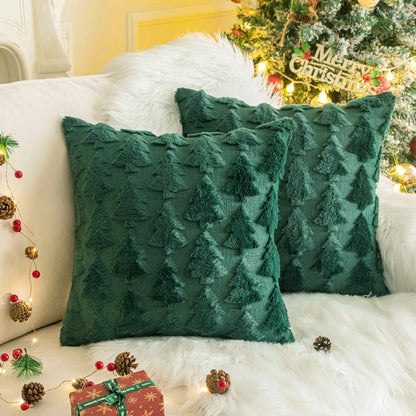 Christmas Pillow Covers 18'' x 18'' Set of 2, Soft Faux Rabbit Fur 3D Embroidery Christmas Tree Throw Pillow Covers for Holiday Christmas Decor Sofa, Couch, Skin-Friendly, Invisible Zipper