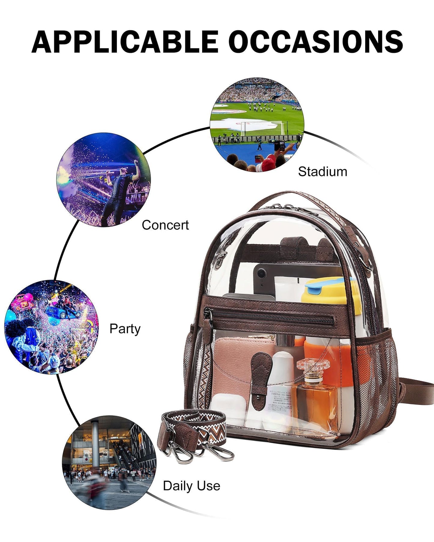 FADEON Clear Small Backpack Purse for Women, Designer Transparent Shoulder Handbag, PVC Mini Clear Bag for Stadium Approved