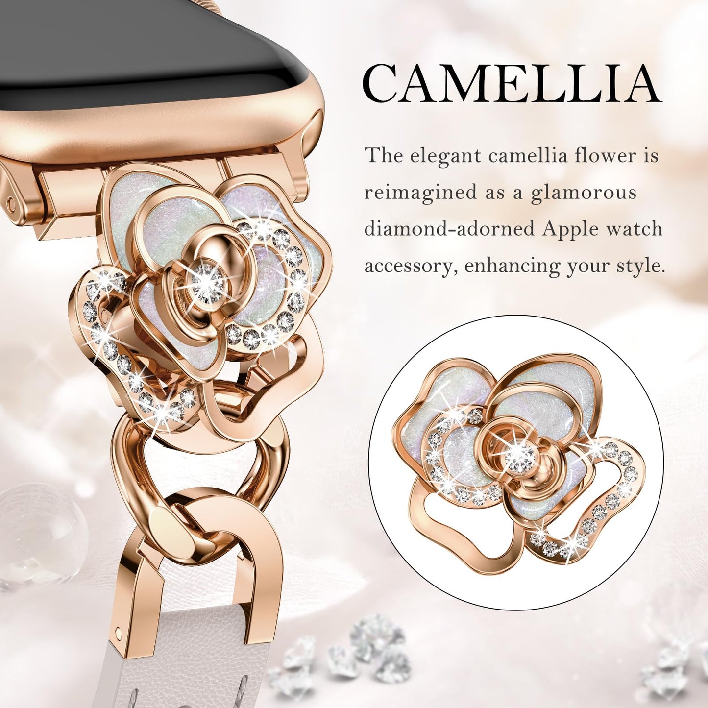 Minyee Compatible with Apple Watch Band 38/40/41/42mm Women, Dressy Elegant Leather Metal Chain Strap with Bling Camellia Charms for iWatch Series 11 10 9 8 7 6 5 4 SE/Ultra 3 2 1,Starlight/Rose Gold