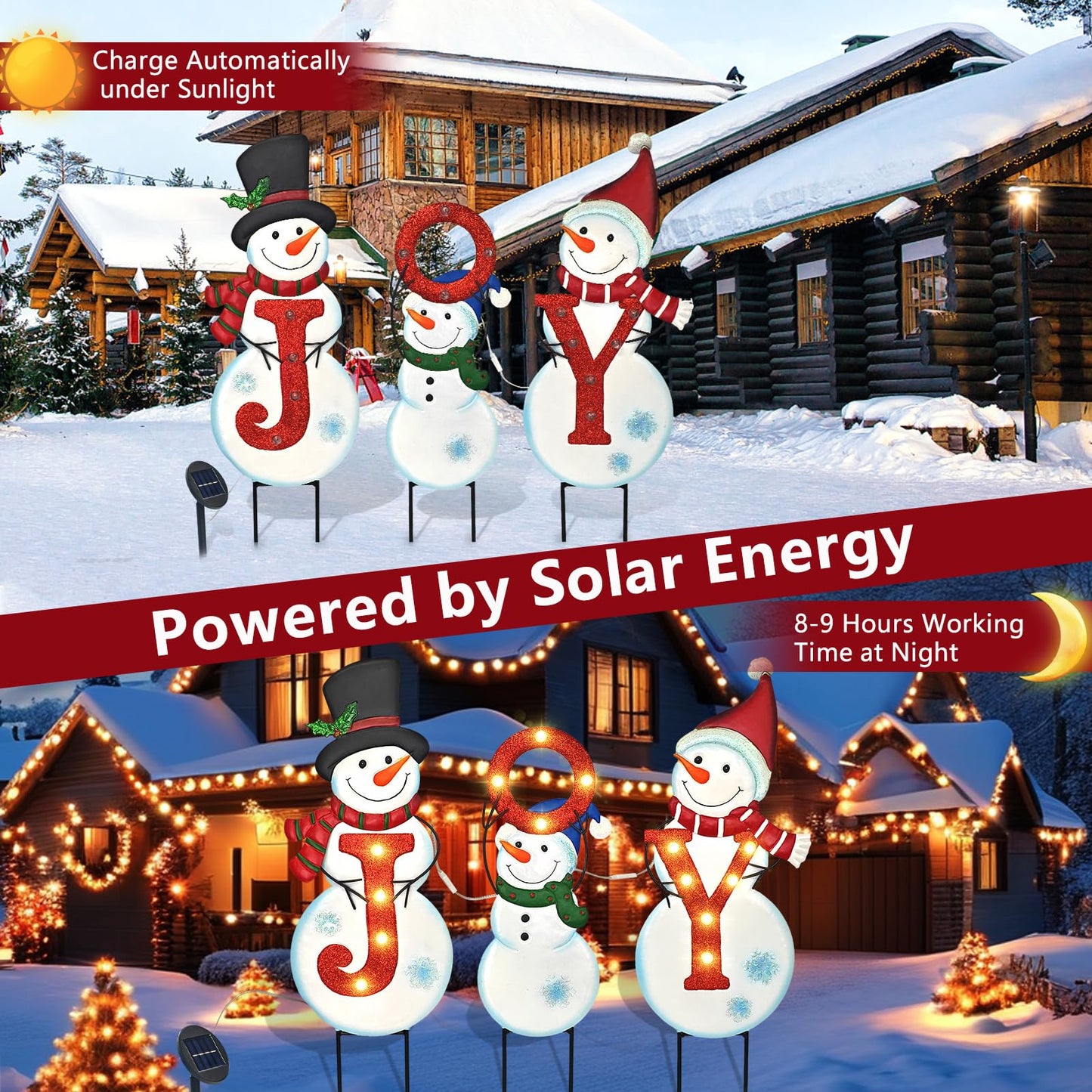 Christmas Outdoor Yard Signs Decorations, LED Solar Metal Garden Stake Lights with Joy for Patio Lawn Christmas Decor (Snowman Family)