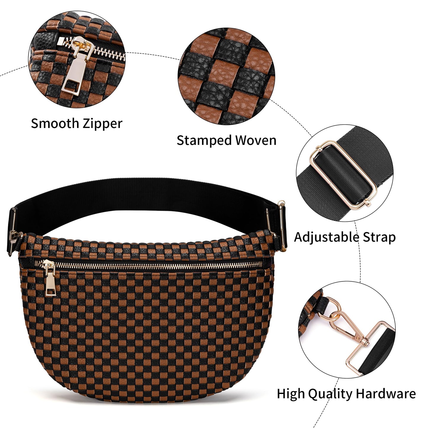AMZFROG Woven Crossbody Bag for Women Stylish Casual Oversized Bum Bag Sling Purses Vegan Leather Fanny Pack Chest Bag with Adjustable Strap for Outdoor Travel Black-Brown