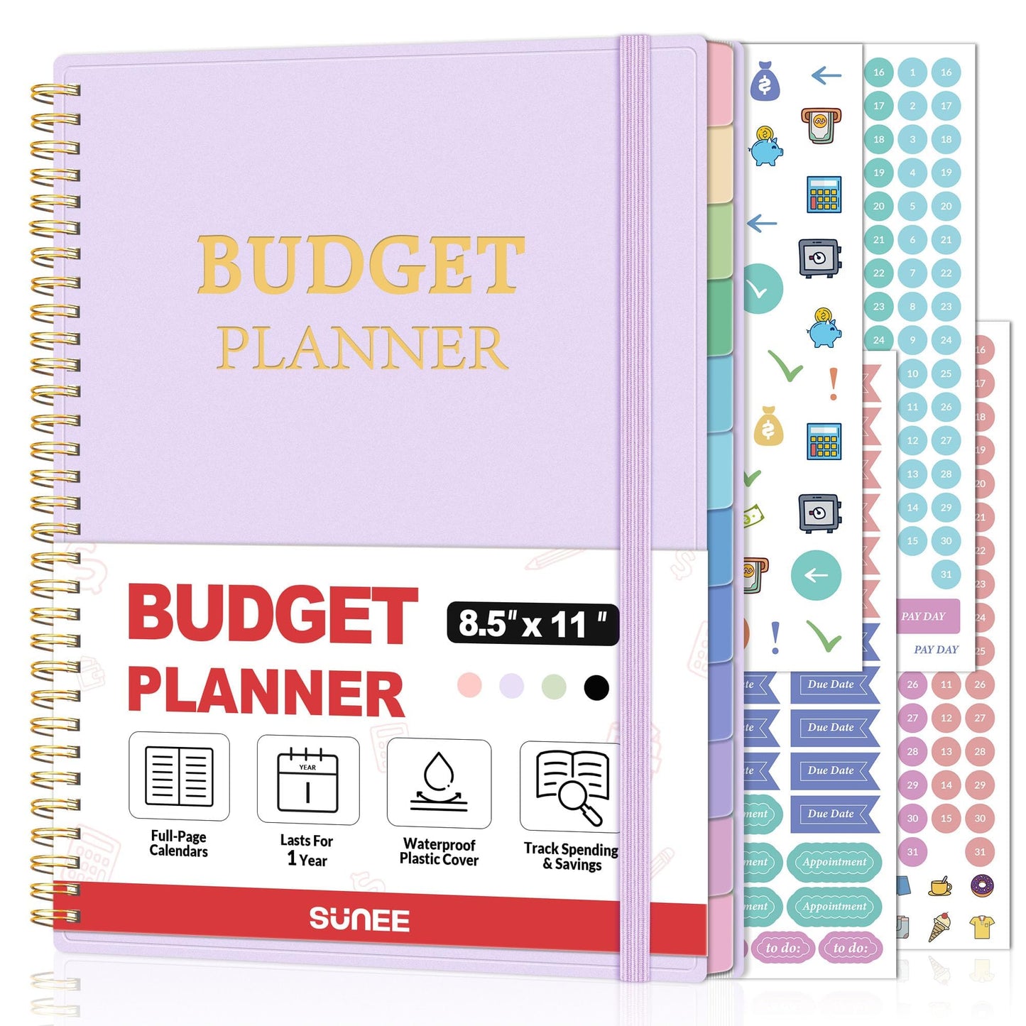 SUNEE Budget Planner - Monthly Budget Book with Expense Tracker Notebook, A4(8.5" x 11") Undated 12 Month Bill Organizer & Finance Planner to Manage Your Money, Account Book with Colorful Tab, Purple