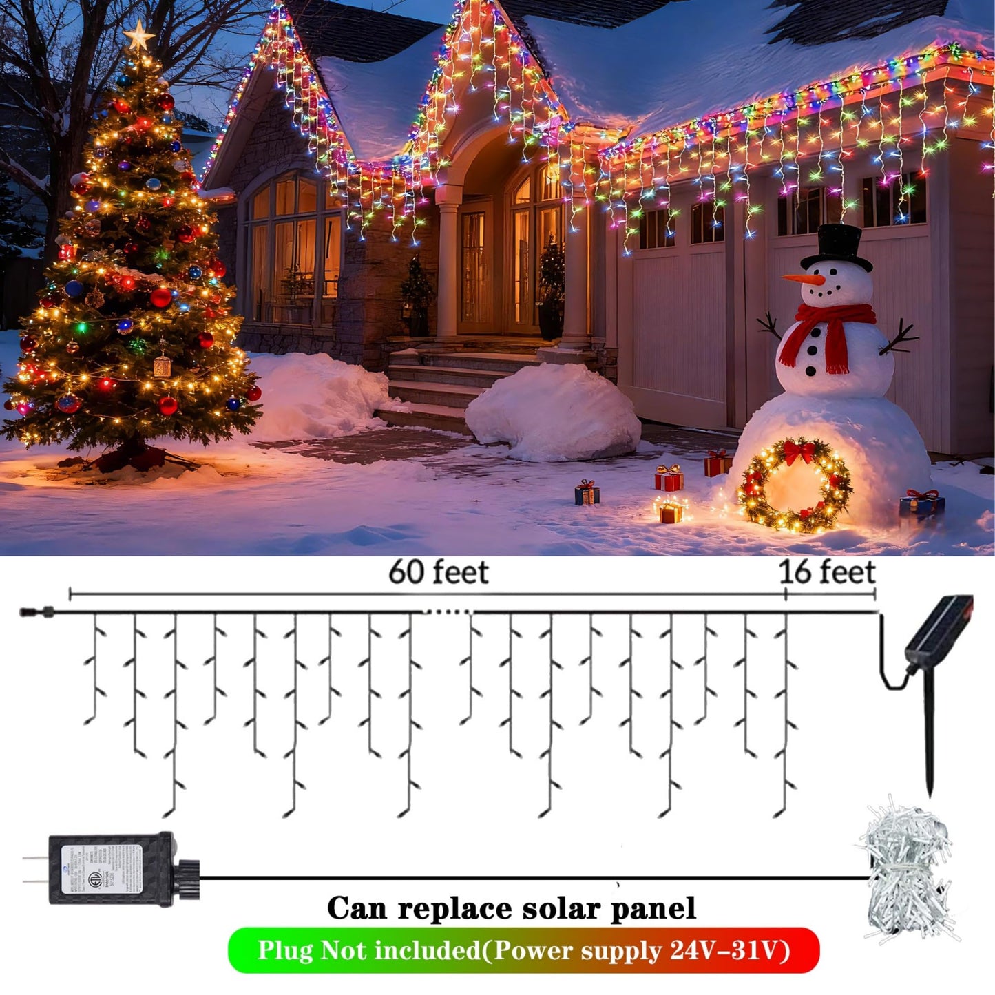 Aolupal Upgraded 640LED Solar Christmas Icicle Lights Outdoor Waterproof,60+16FT 13 Modes & USB Rechargeable Solar Powered Icicle Light for Roof House Yard Christmas Outdoor Decoration