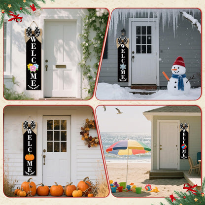 Sintuff Holiday Interchangeable Welcome Sign for Front Door Wood Porch Sign with 24 Pcs Seasonal Icons Home Farmhouse Holiday Welcome Outdoor Festival Seasonal Decoration(Black,Large)