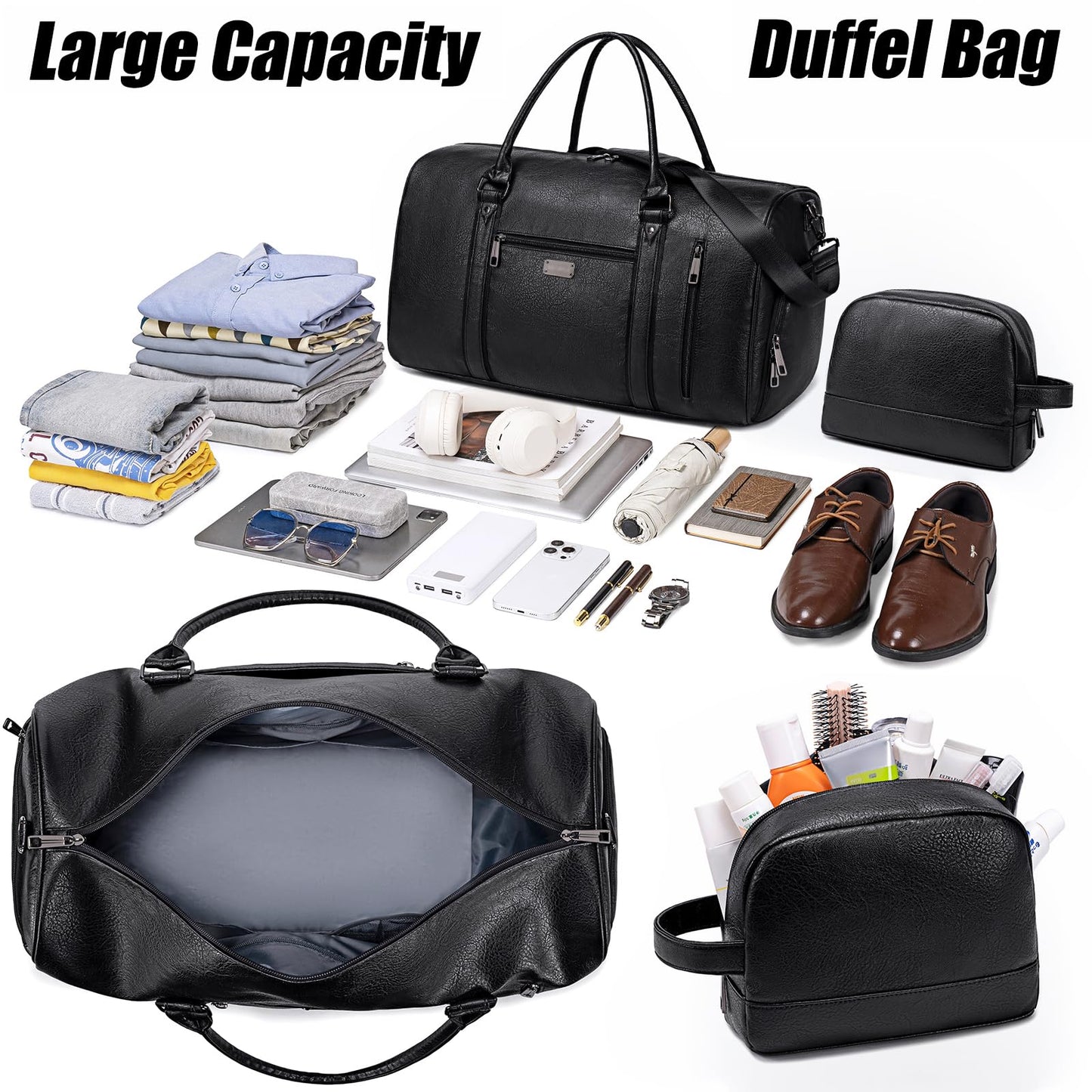 Large Travel Duffel Bag for Women Men, Faux Leather Weekender Overnight Bag with Shoe Compartment, Waterproof Carry On Bag with Toiletry Bag, Travel Tote Bag Gym Bag (Black)