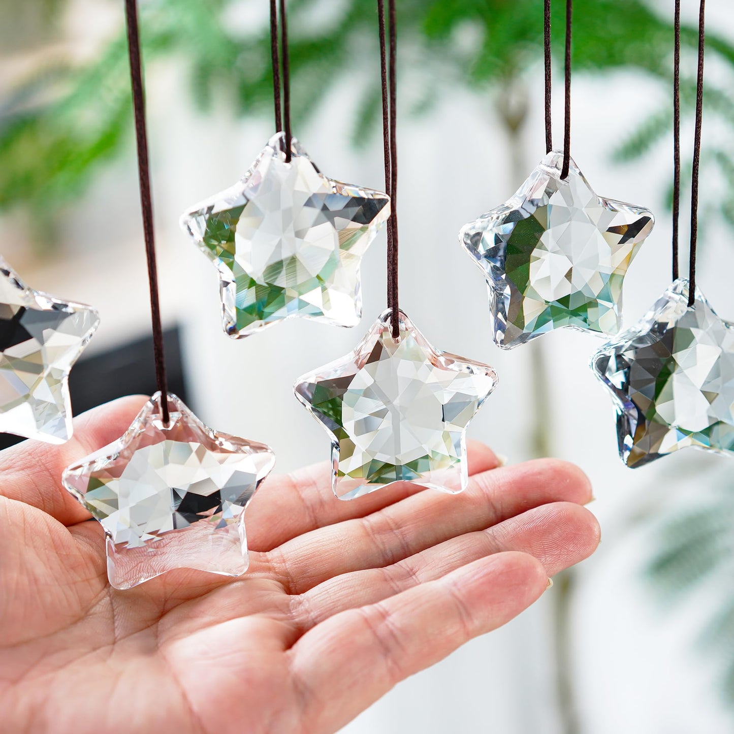 H&D HYALINE & DORA Set of 6 Crystal Glass Christmas Ornaments Clear Faceted Glass Christmas Star Crystal Hanging Ornaments for Xmas Tree Winter New Year Party Supplies