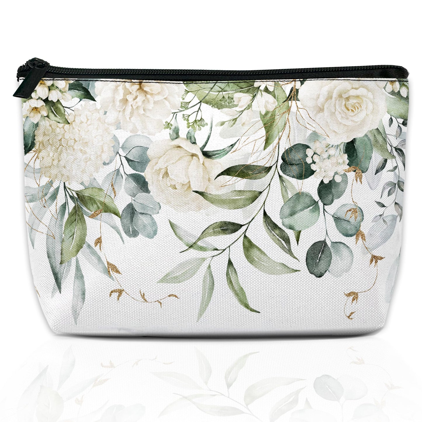 DEMACYA White Flowers Green Leaves Makeup Bag for Purse, Waterproof Funny Cosmetic Bag for Women, Zipper Travel Toiletry Pouch Gift 9.5×5.9 Inch