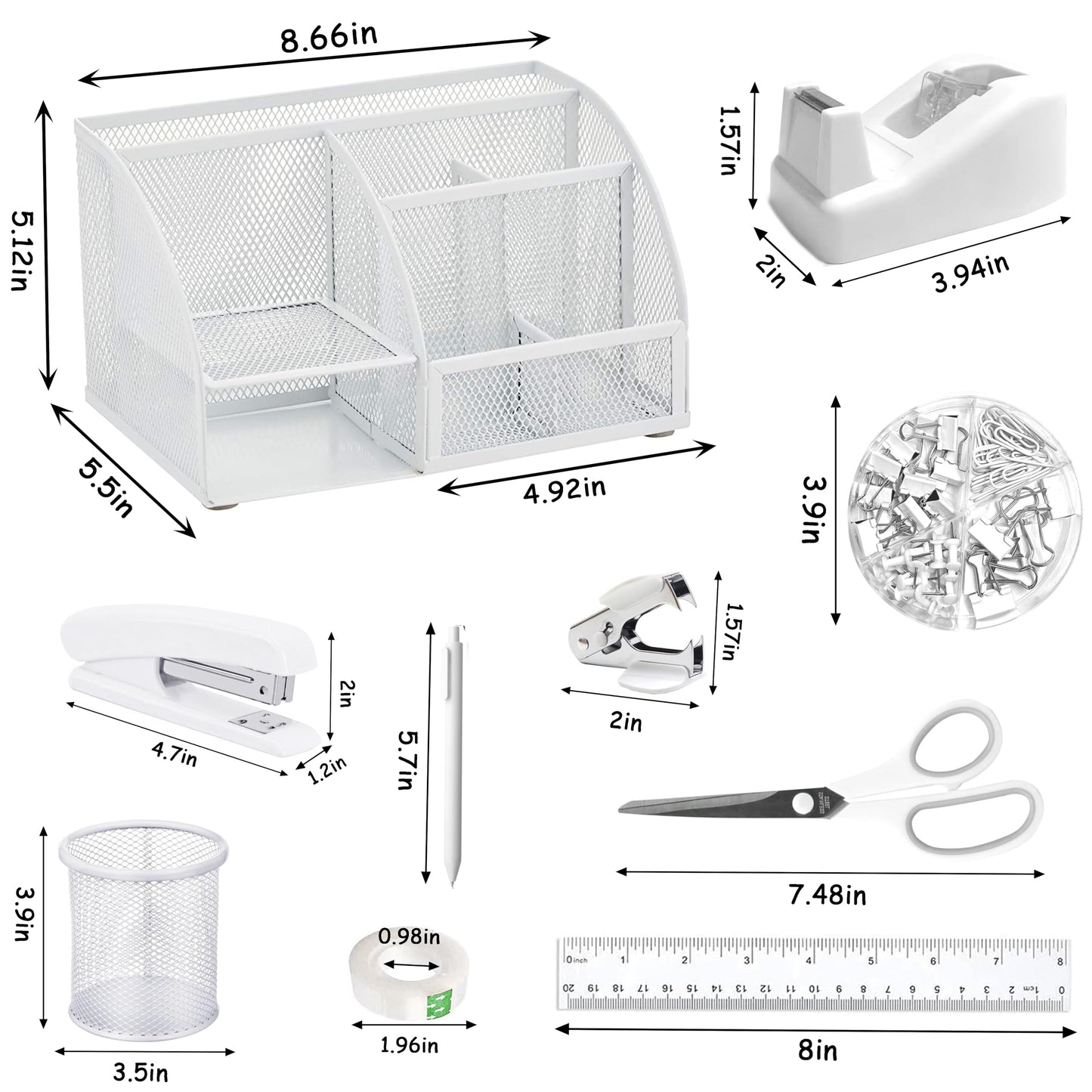 White Office Desk Accessories Supplies, 12pcs Desk Organizers and Accessories with Tape dispenser and Stapler,Staples,Staple Remover,Pen Holder,Scissor,Ruler,Sticky Tabs,Tape,Ballpoint Pen,Clips Set
