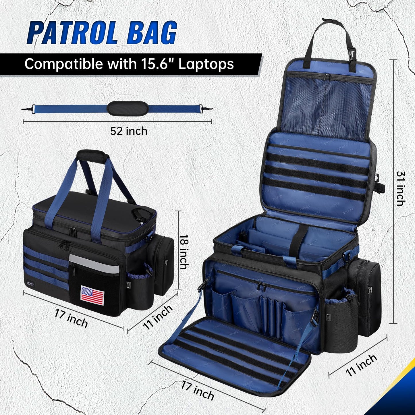 Patrol Bag Law Enforcement, Extra Large Police Gear Bag for Car Front Seat Organizer with a MOLLE Pouch & 15.6In Laptop Layer, Multiple Compartments Police Duty Bags Fit Vehicle Passenger Seat, Black
