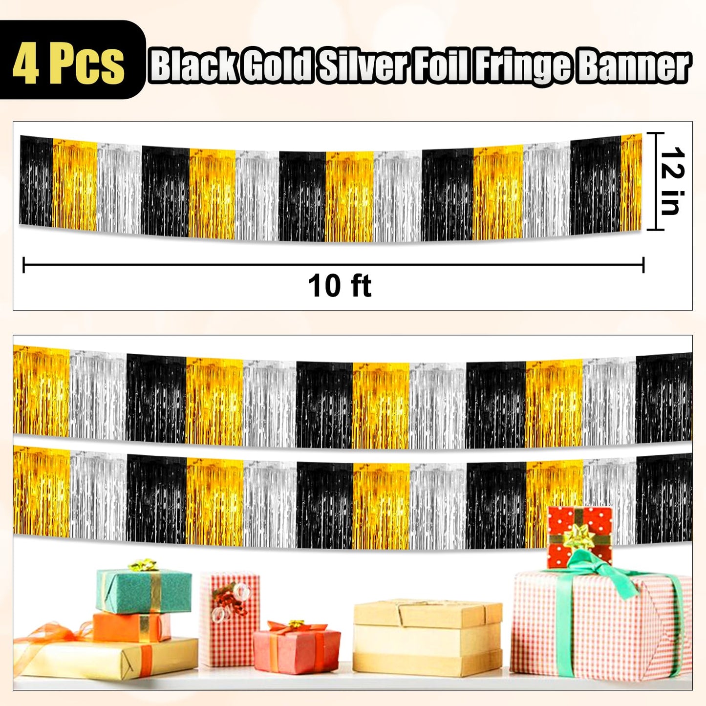 4 Pack 10 Ft Black Gold Silver Foil Fringe Garland Metallic Tinsel Streamers Banner Wall Hanging Curtain Backdrop for Parade Floats, Christmas Day, Thanksgiving, Halloween, New Year Party Decoration
