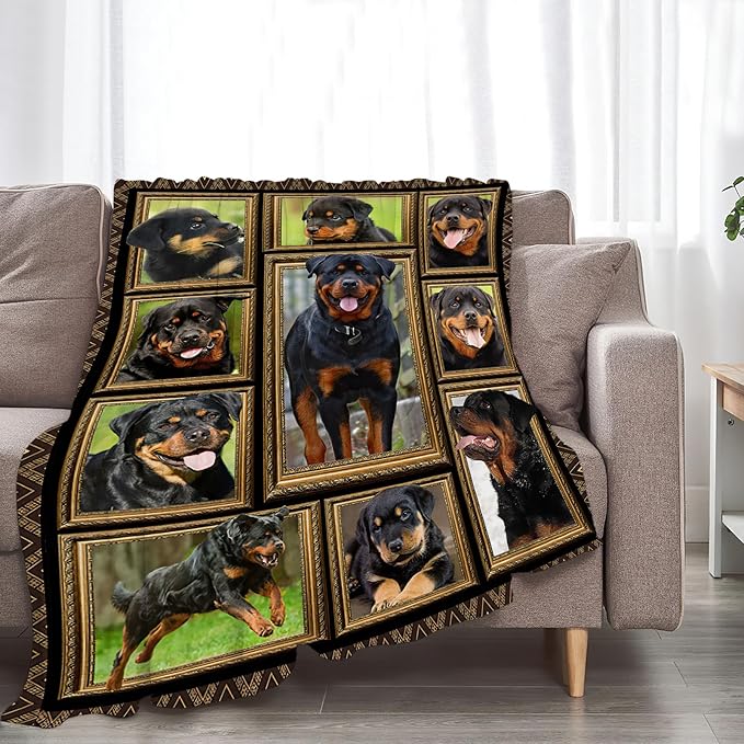 Rottweiler Blanket Decor Gifts for Dog Lover, Flannel Fleece Fuzzy Rottweiler Throw Blankets, Soft Warm Cozy Plush Animal Blanket for Bed Couch Living Room Stuff Decoration for Kids Adult 50"x40"