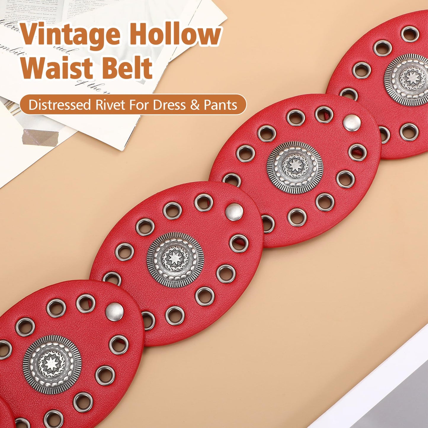 XZQTIVE Women's Boho Disc Belt Concho Western Cowgirl Cowboy Belt for Ladies Wide Vintage Leather Waist Belt for Dress