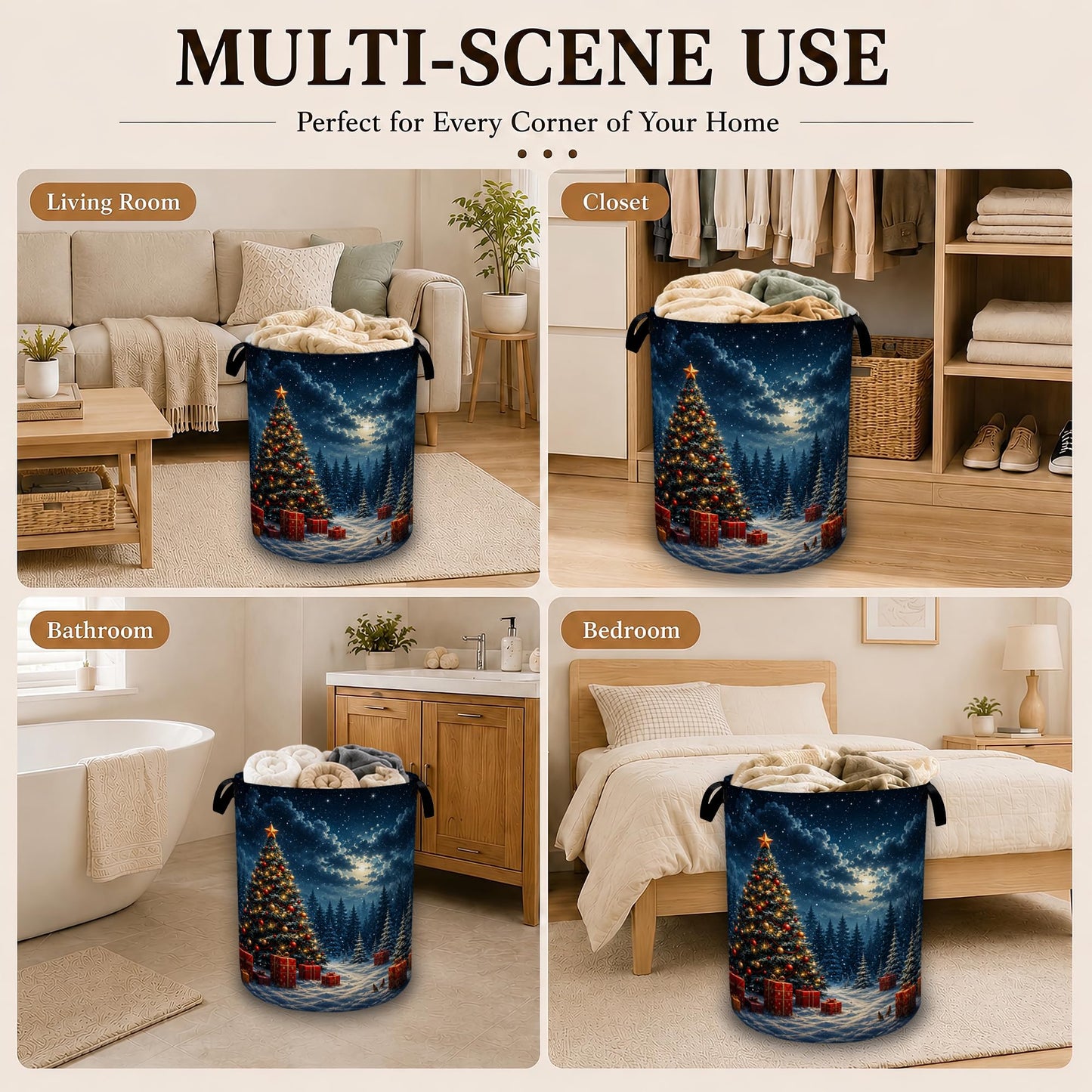 Christmas Tree Collapsible Laundry Hamper for Bedroom，Winter Night Freestanding Oxford Clothes Basket, Large Foldable Storage Bin with Easy-Carry Handles for Bathroom Dorm Laundry Room