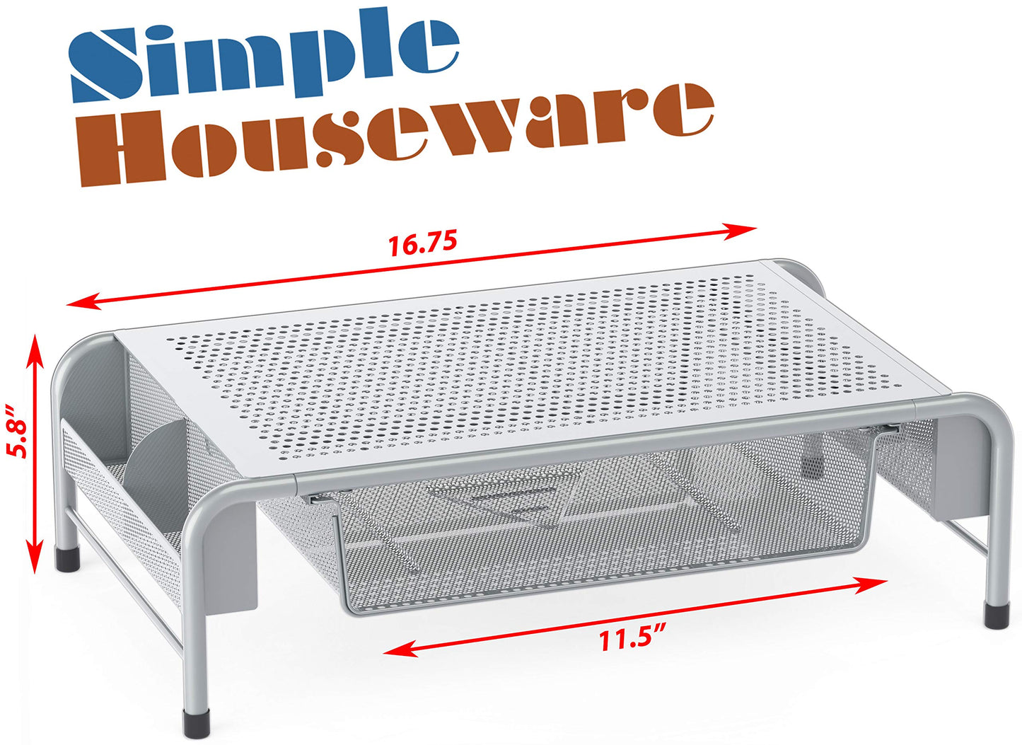 Simple Houseware Metal Desk Monitor Stand Riser with Organizer Drawer, Silver