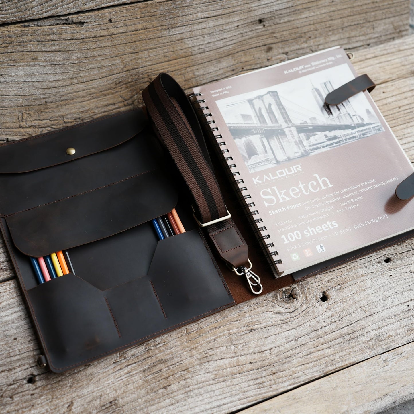 Handmade Leather Sketchbook Cover, Leather Artist Sketch Pad Cover for 9" x 12" Sketchbook, Drawing Book and Pencil Case, Journal Notebook Portfolio, Artis Drawing Gifts (darkbrown)