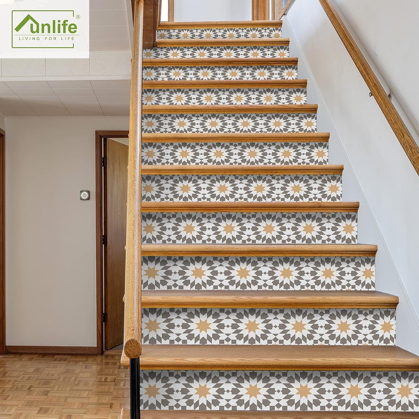 funlife Stair Riser Decals Peel and Stick, 14 PCS Self Adhesive Boho Vinyl Stair Stickers, 39.37"X7.09", Yellow Brown Moroccan