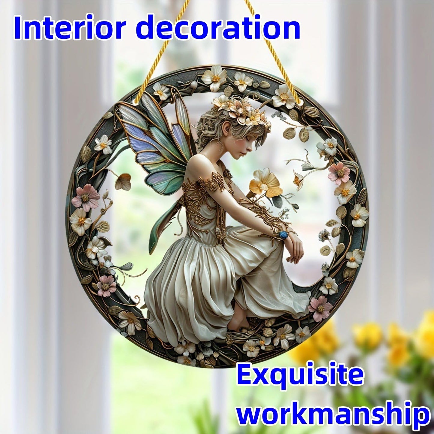 VTYFRY Flower Fairy Garden Decorations Angel Wing Christmas Halloween Deco Statue Art Elf Sculpture Hanging Craft for Outdoor Yard Courtyard Lawn Patio Window Acrylic Ornament Home Gift (C,S: 6*6 IN)