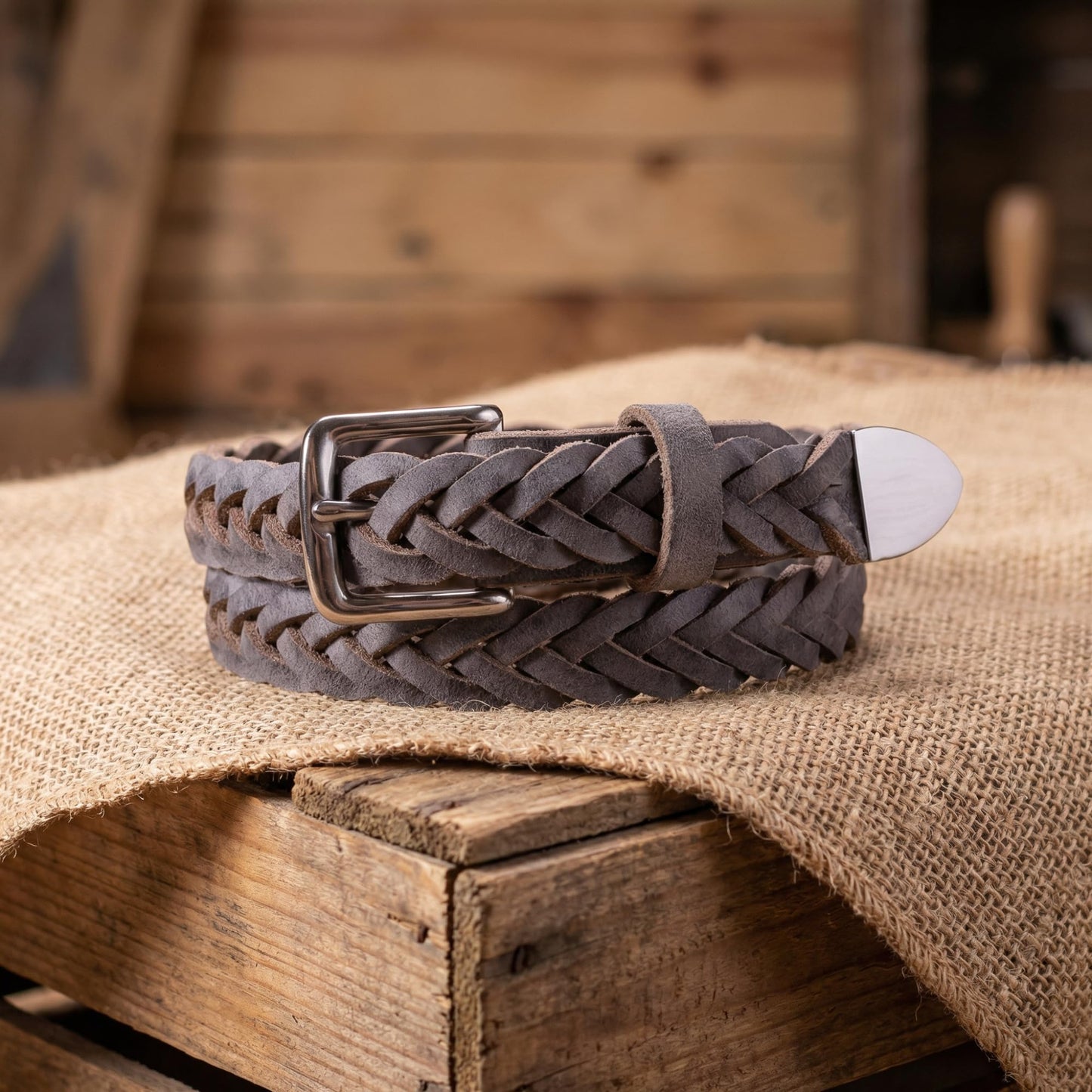 Handmade Braided Water Buffalo Dress Leather Belt (Stone Gray, 50)