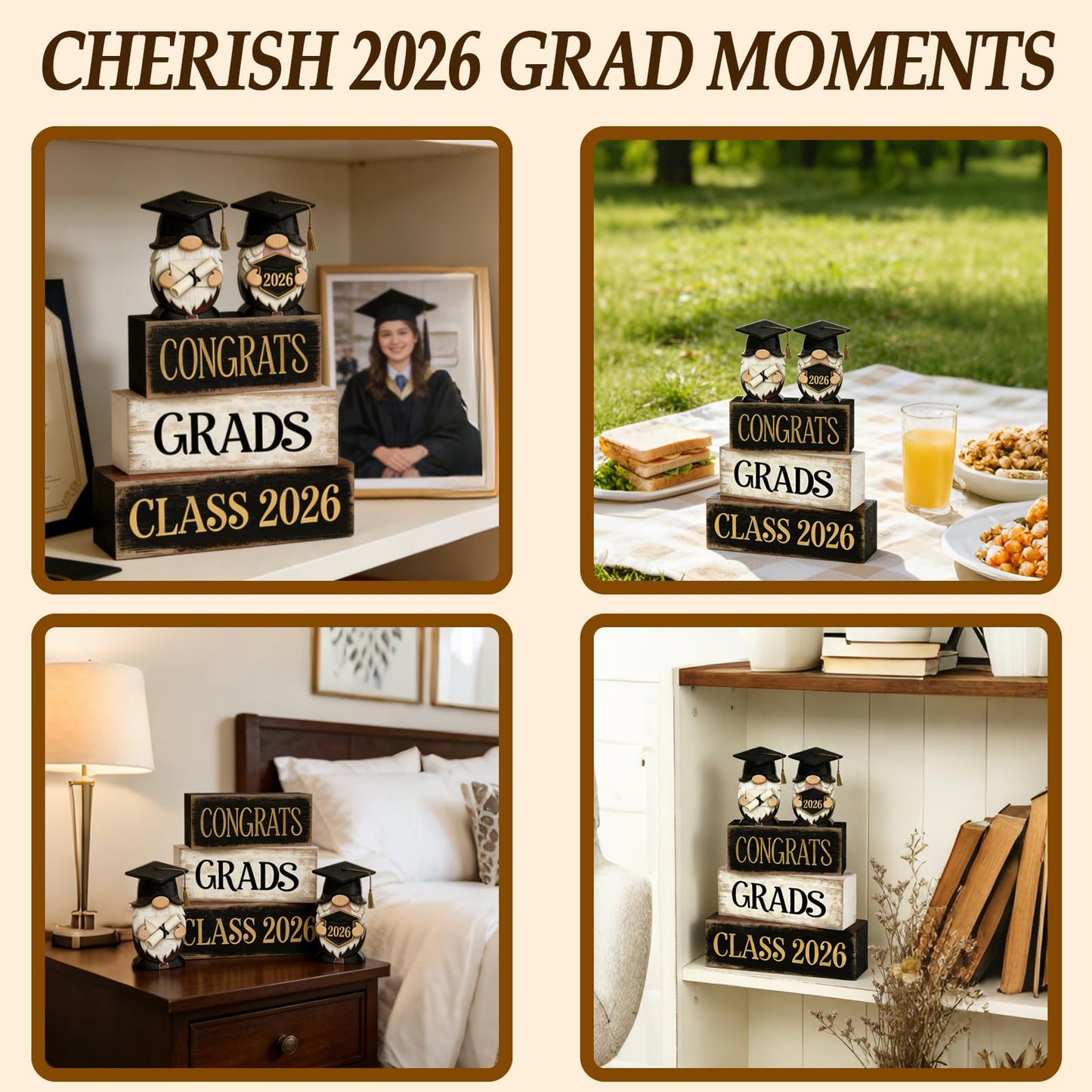 2026 Graduation Table Decorations Class of 2026 Senior Tiered Tray Decor Wooden Gnome Block Signs Farmhouse Congrats Grad Tabletop Party Centerpiece for Tables Wooden Sign for Home Decor
