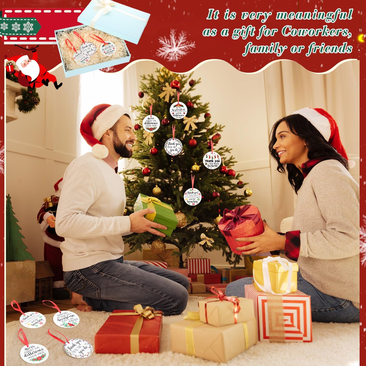 Barydat 24 Pcs Christmas Ornaments Employee Appreciation Gifts Bulk for Coworkers, Christmas Tree Ceramic Plaque Hanging Ornaments with Rope for Xmas Thanksgiving Teachers Nurses Gifts (Classic)