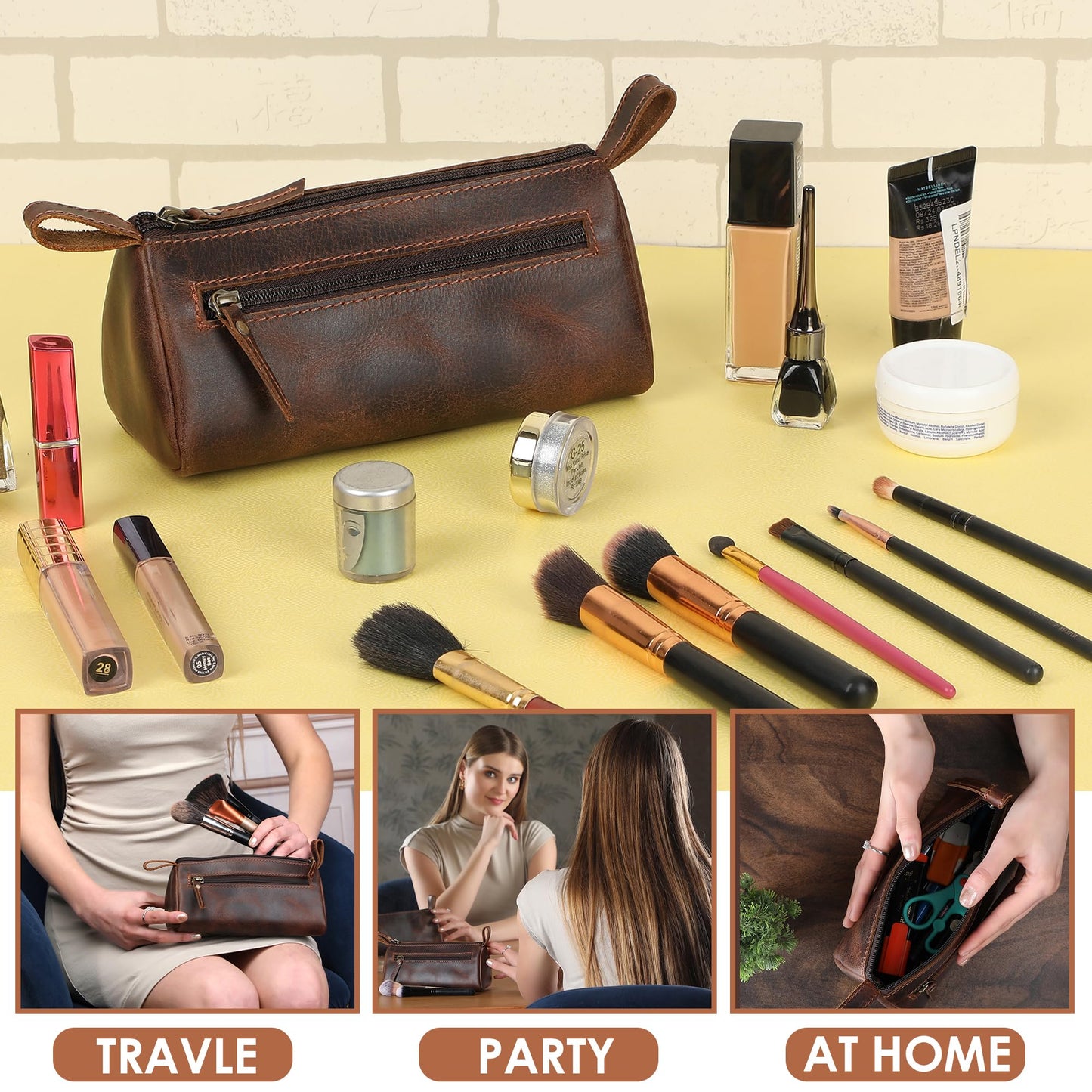 TheAntiq Leather Makeup Bag for Women – Genuine Leather Cosmetic Bag Travel, Handmade Zippered Makeup Pouch, Small Toiletry Bag, Shaving Kit & Stationery Organizer- Brown