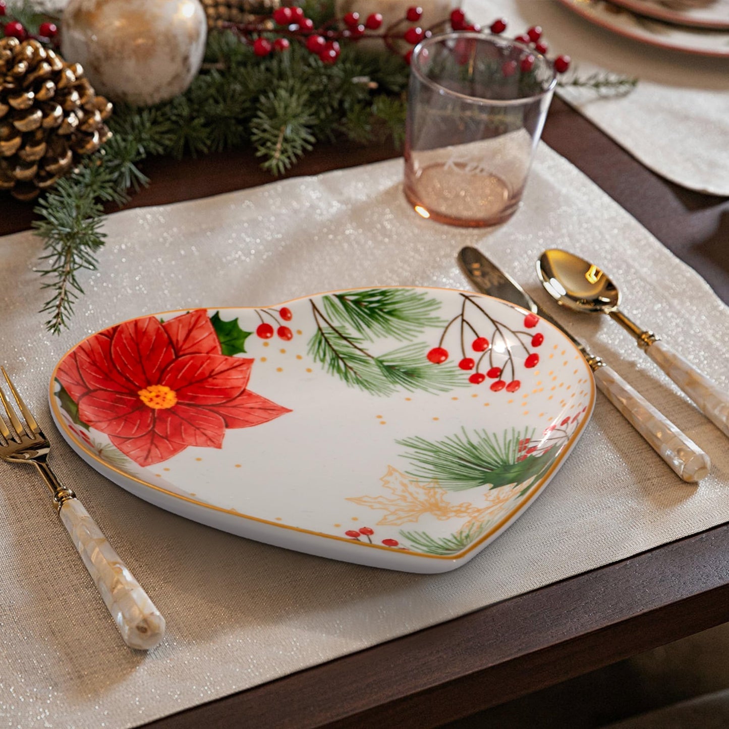 8 Inch Heart Shape Plate with Christmas Pattern, Ceramic Tray for Serving Appetizer, Cake, Candy and Holiday Dishes, for Holiday Table, Christmas Party or Festival Celebrations, Set of 2, Red Berries