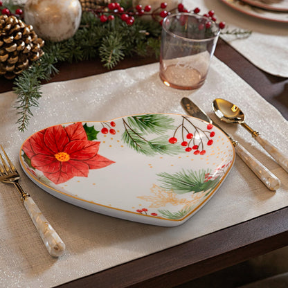 8 Inch Heart Shape Plate with Christmas Pattern, Ceramic Tray for Serving Appetizer, Cake, Candy and Holiday Dishes, for Holiday Table, Christmas Party or Festival Celebrations, Set of 2, Red Berries
