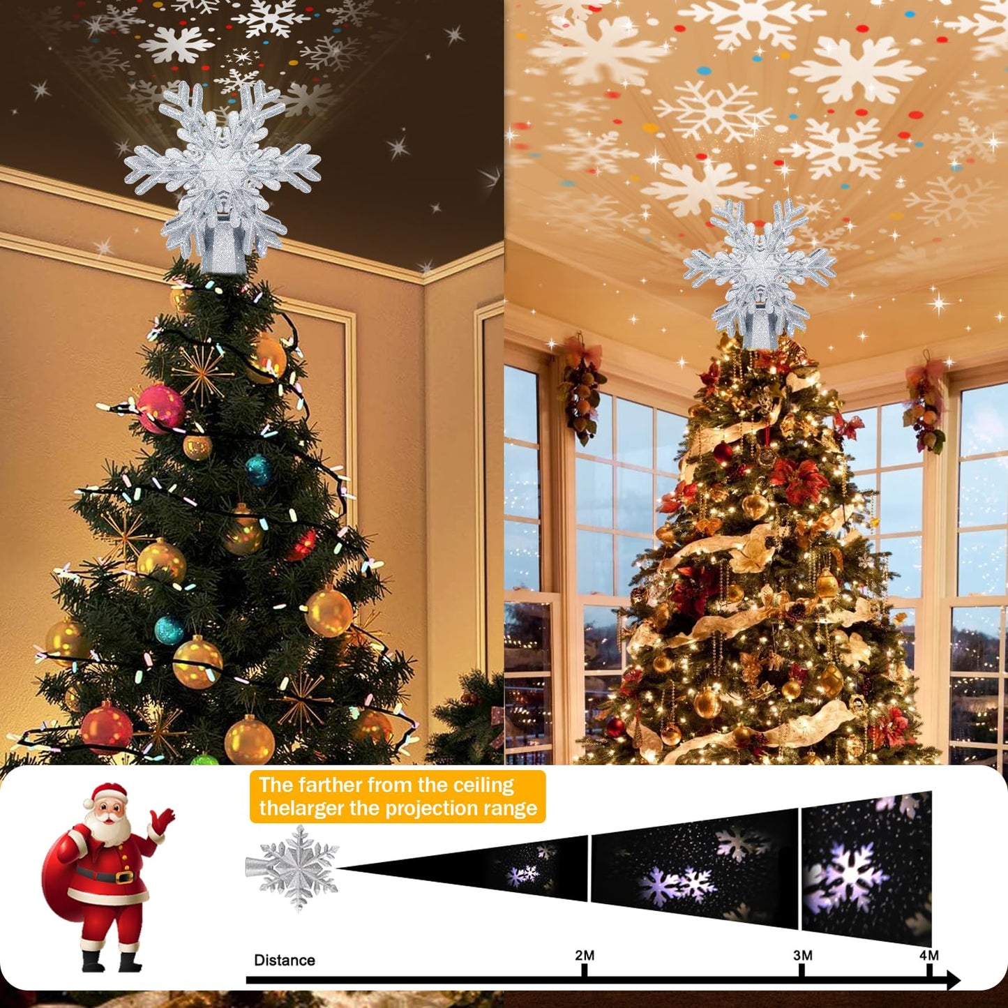 AOMIL Christmas Tree Topper, 3D Rotating Silver Snowflake Pattern Projector for Xmas Tree Topper, Hollow Design Christmas Decorations, Christmas Decor
