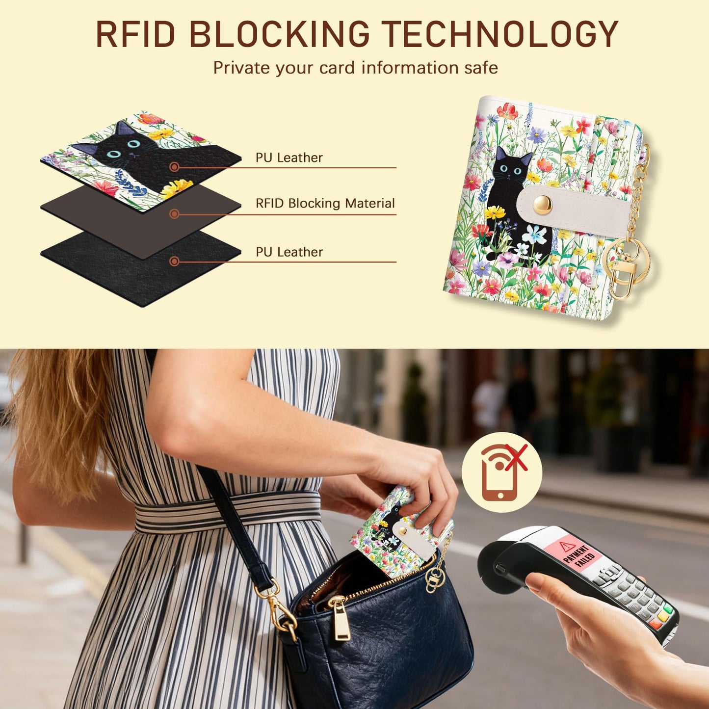 Jogjam Black Cat Flower Floral Aesthetic Rfid Women Wallet, Cute Small Slim Thin Compact Credit Card Wallet, PU Leather Bifold Cash Wallet, Zipper Coin Pocket ID Window, Girls Girly Teens Gifts