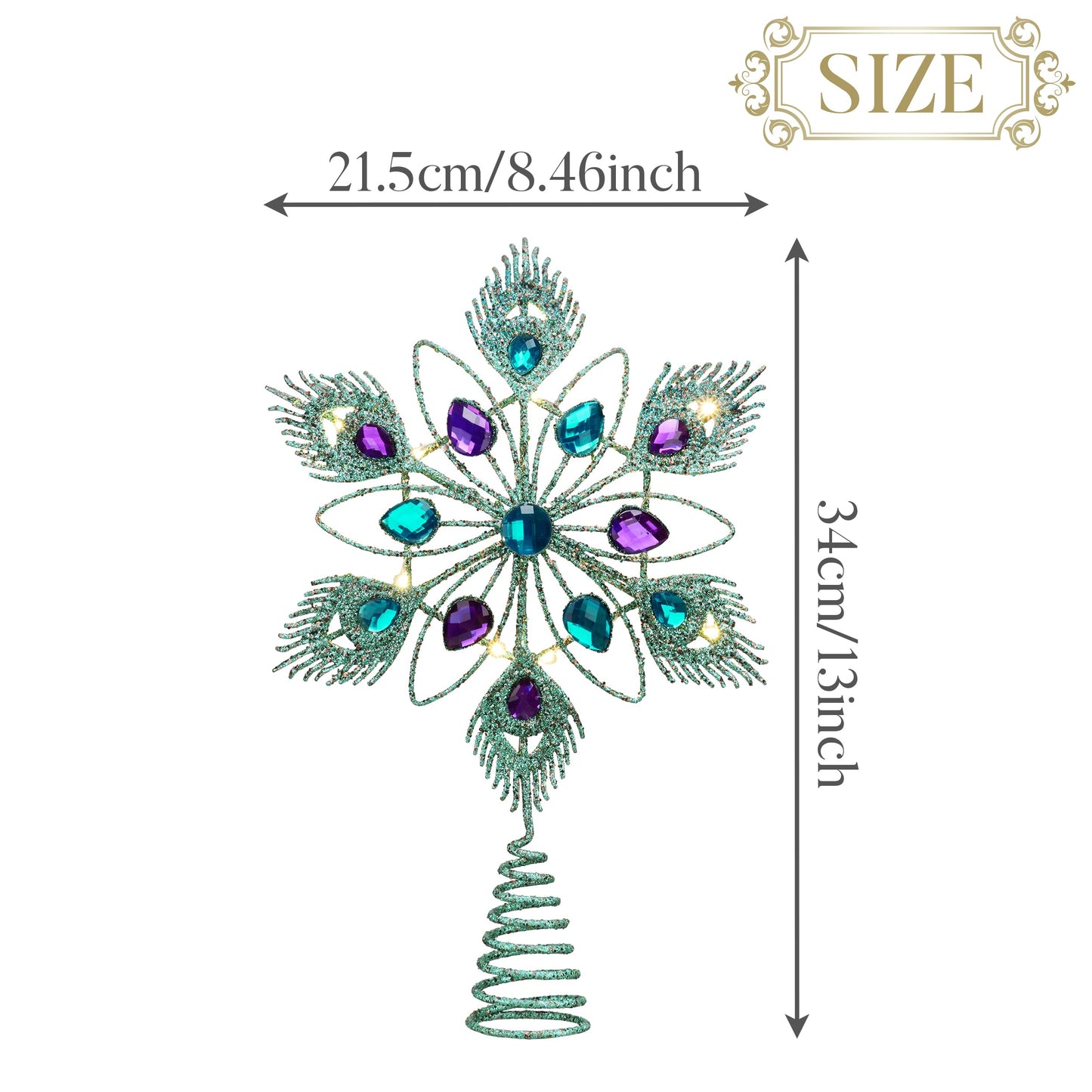 Valery Madelyn Lighted Christmas Tree Topper Star with Timer for Tree Decorations, 13 Inch Blue and Silver Metal Star Tree Topper Snowflake Peacock Feather Jewel with Lights for Mardi Gras Decoration