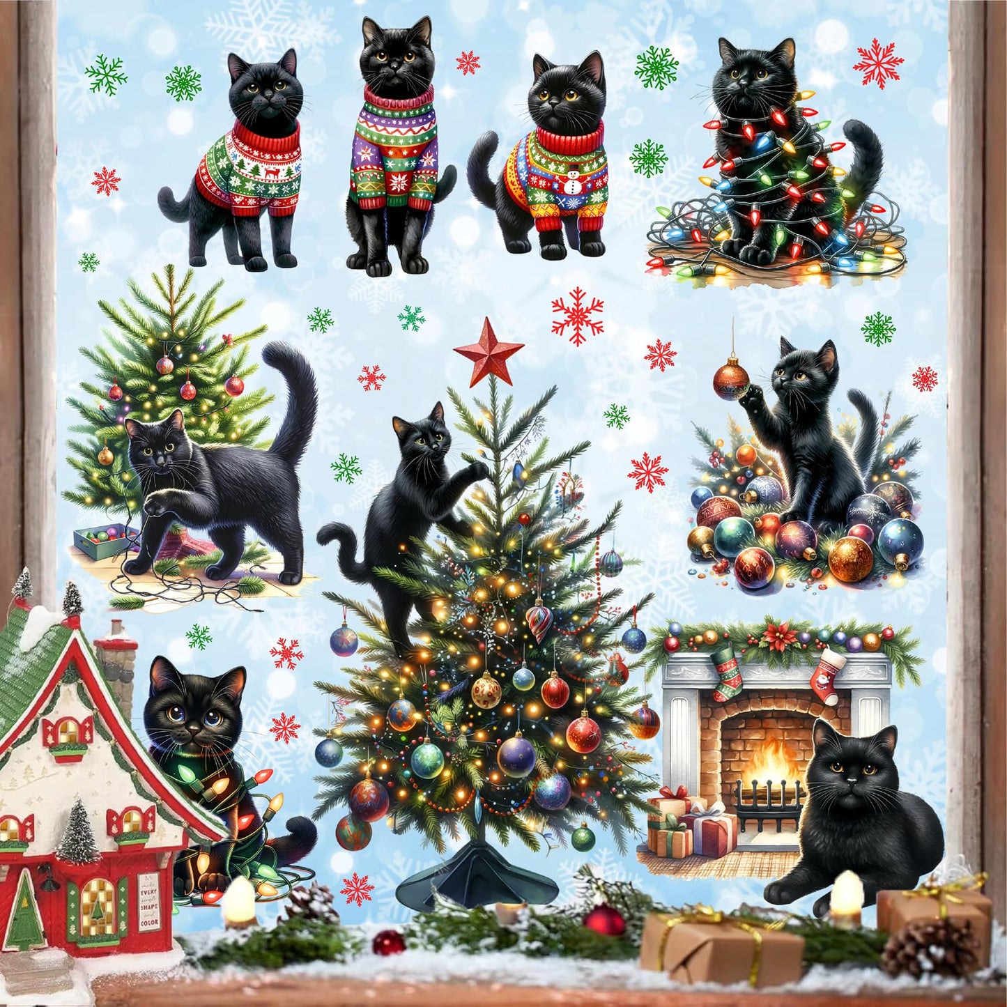 Christmas Decoration Window Clings Black Cat Window Sticker Indoor Removable Christmas Tree Static Decals Double-Sided Reusable Snowflake Vinyl Stickers for Home 2026 New Year Winter Holiday Supplies