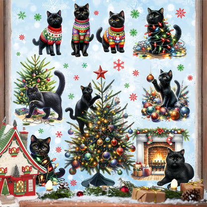 Christmas Decoration Window Clings Black Cat Window Sticker Indoor Removable Christmas Tree Static Decals Double-Sided Reusable Snowflake Vinyl Stickers for Home 2026 New Year Winter Holiday Supplies