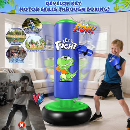 Inflatable Punching Bag, 48" Inflatable Boxing Bag for Kids with Boxing Gloves for 3-8 Kids, Stable Boxing Set for Practicing Karate, Taekwondo,Dinosaur Toy & Gifts for Boys (Blue)