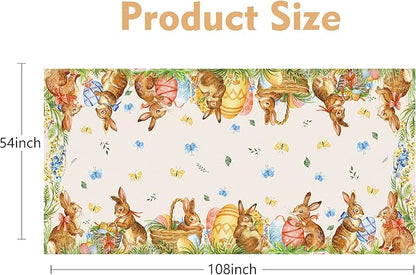 Easter Bunny Tablecloth 54"x108" Rectangle Vintage Easter Floral Butterflies Flower Leaf Egg Rabbit Fabric Table Cover for Happy Easter Spring Holiday Birthday Wedding Outdoor Picnic Party Supplies