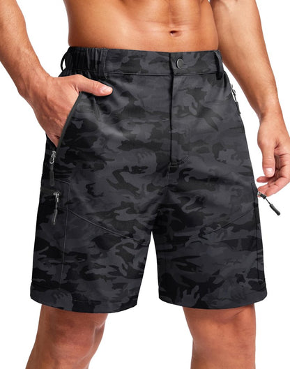 Pudolla Men's Hiking Cargo Shorts Lightweight 7" Travel Casual Shorts for Men Golf Work Outdoor with 5 Zipper Pockets(Black Camo Small)