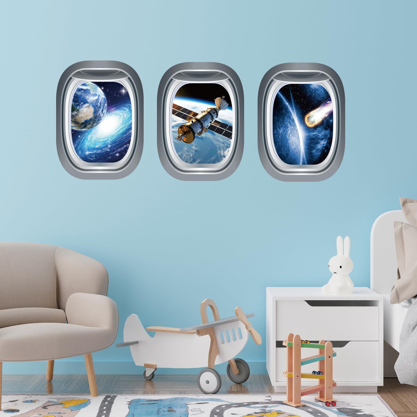 Glow in The Dark 3D Space Wall Decals, Set of 3 Galaxy Window Stickers for Wall, Space Themed Room Decor for Kids Boys (Blue)