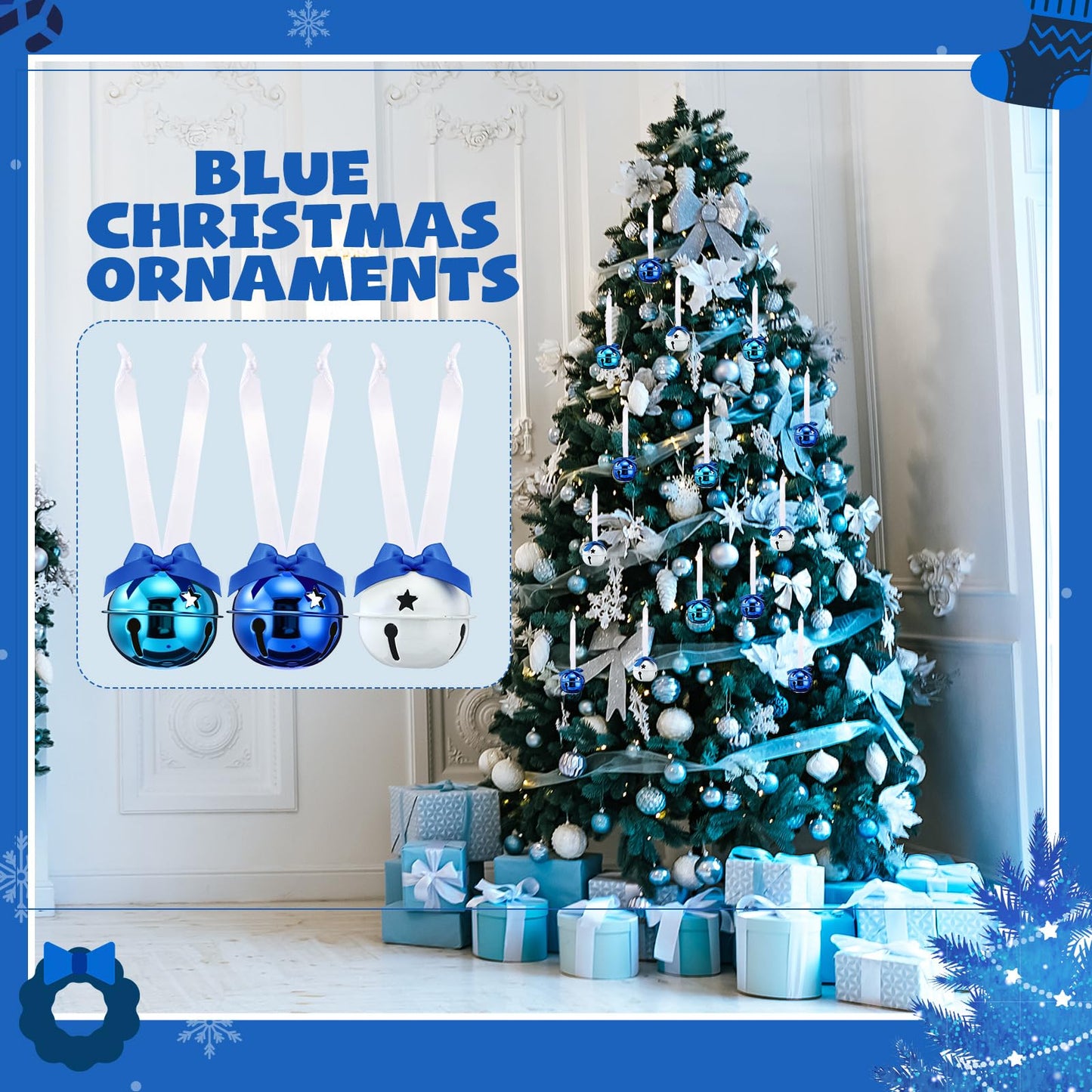 Jenaai 12 Sets Blue Christmas Jingle Bells with Ribbon 2 Inch Large Metal Cutout Craft Bells Blue Hanging Ornaments for Christmas Tree Xmas Decoration Crafts Party Favors Stocking Stuffers