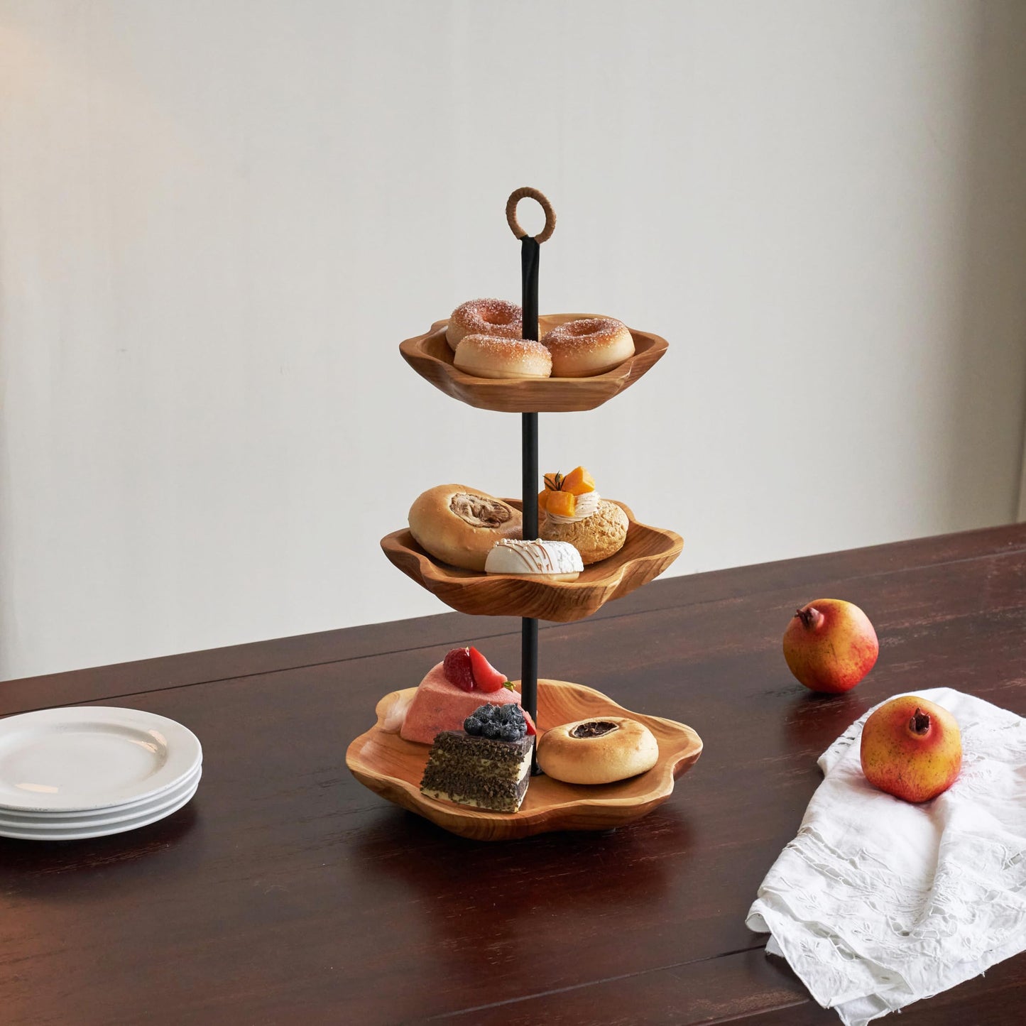 PJCOLL [PJ Collection] 3 Tier Wood Fruit and Snack Basket, Multi-Level Serving Tray, 3 Tier Cupcake Stand, Wood Plate, Three Tier Fruit Stand, Fruit Stand Holder, Handcrafted Home Goods (Round)