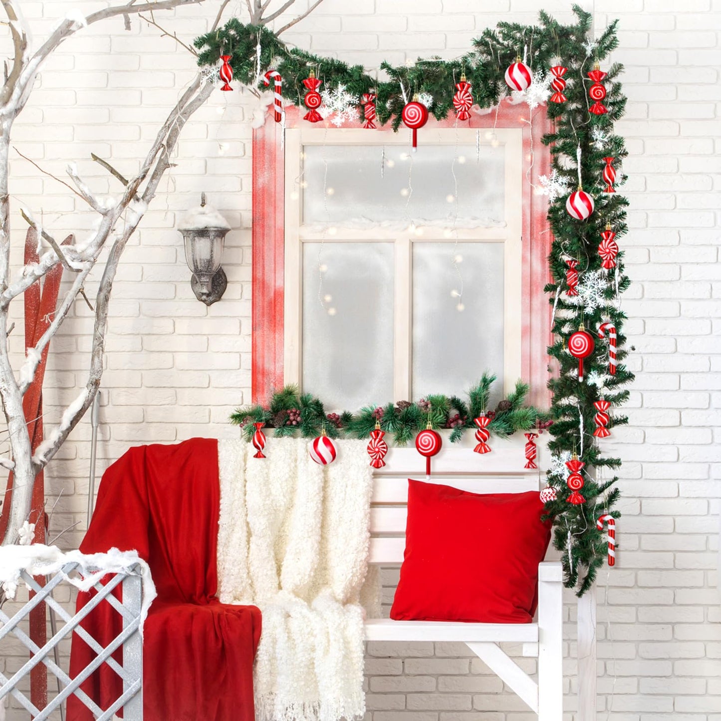 Aoriher 24 Pcs Christmas Candy Cane Ornament Red and White Plastic Peppermint Candy Cane Christmas Decorations Xmas Hanging Lollipop Pattern Decorations with Rope for Xmas Party Holiday Festival Decor
