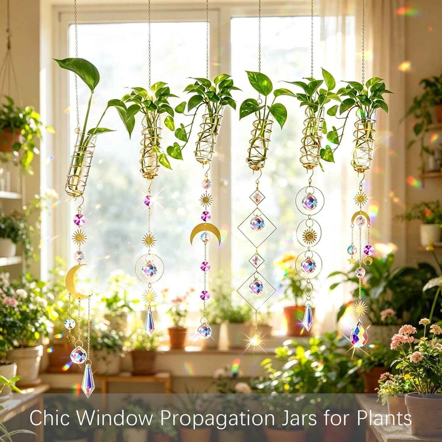 HDCRYSTALGIFTS 6Pcs Crystal Suncatchers with Propagation Stations,Glass Wall Planters for Indoor Plants Hydroponics - Propagation Tubes Jars with Sun Catchers Metal Chain for Home Whimsical Decor