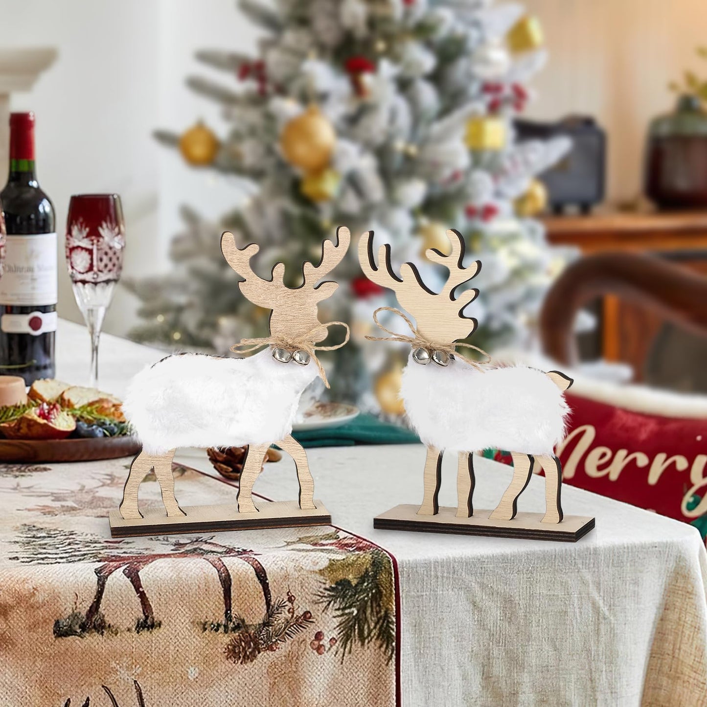 COCHIE Cute Christmas Tiered Tray Decor Indoor, Wooden Reindeer Christmas Tabletop Decorations and Xmas Tree Centerpiece, Reindeer Sign Standing Elk Decor for Home Party Decorations (Fur)