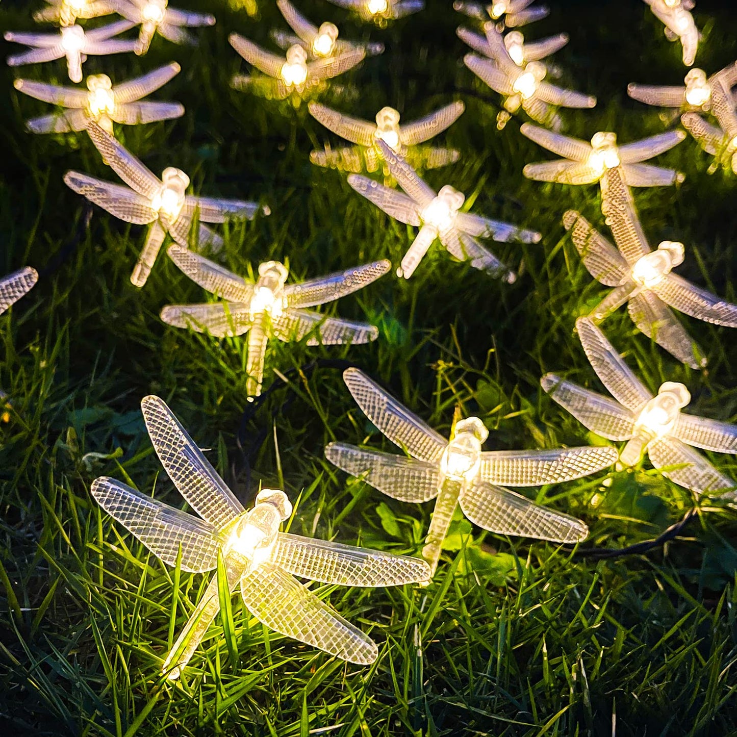 Solar Dragonfly String Light 30LED 21ft Garden Stake Lights Waterproof Outdoor Twinkle Fairy Lights with 8 Lighting Modes for Trees, Patio, Fence Christmas Decor (Warm White)