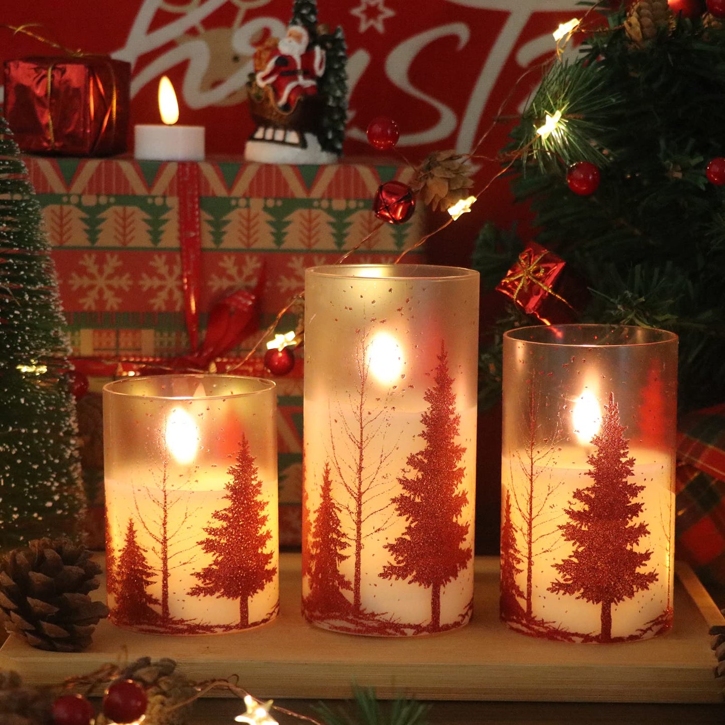 DRomance Christmas Tree Glass Flameless Candles with Remote Timer Battery Operated Real Wax 3D Wick LED Flickering Pillar Candles Christmas Holiday Decor(Red, 3 x 4,5,6 Inch)