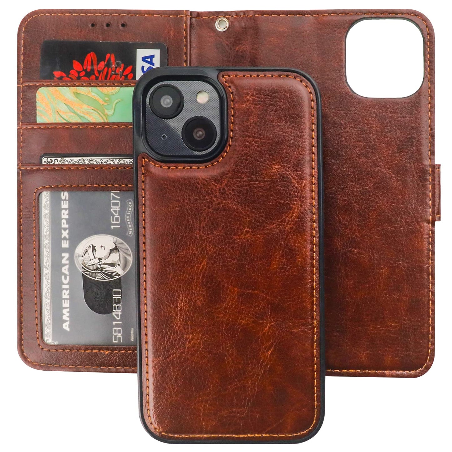 Bocasal Detachable Wallet Case for iPhone 14 RFID Blocking Card Slots Holder Premium PU Leather Magnetic Kickstand Shockproof Wrist Strap Removable Flip Protective Cover 5G 6.1 inch (Brown)