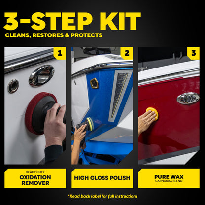 Meguiar's M4965 Marine/RV Fiberglass Restoration System, 3-Piece Marine Fiberglass Repair Kit Featuring Oxidation Remover for Boat Care Plus Boat Polish and Wax