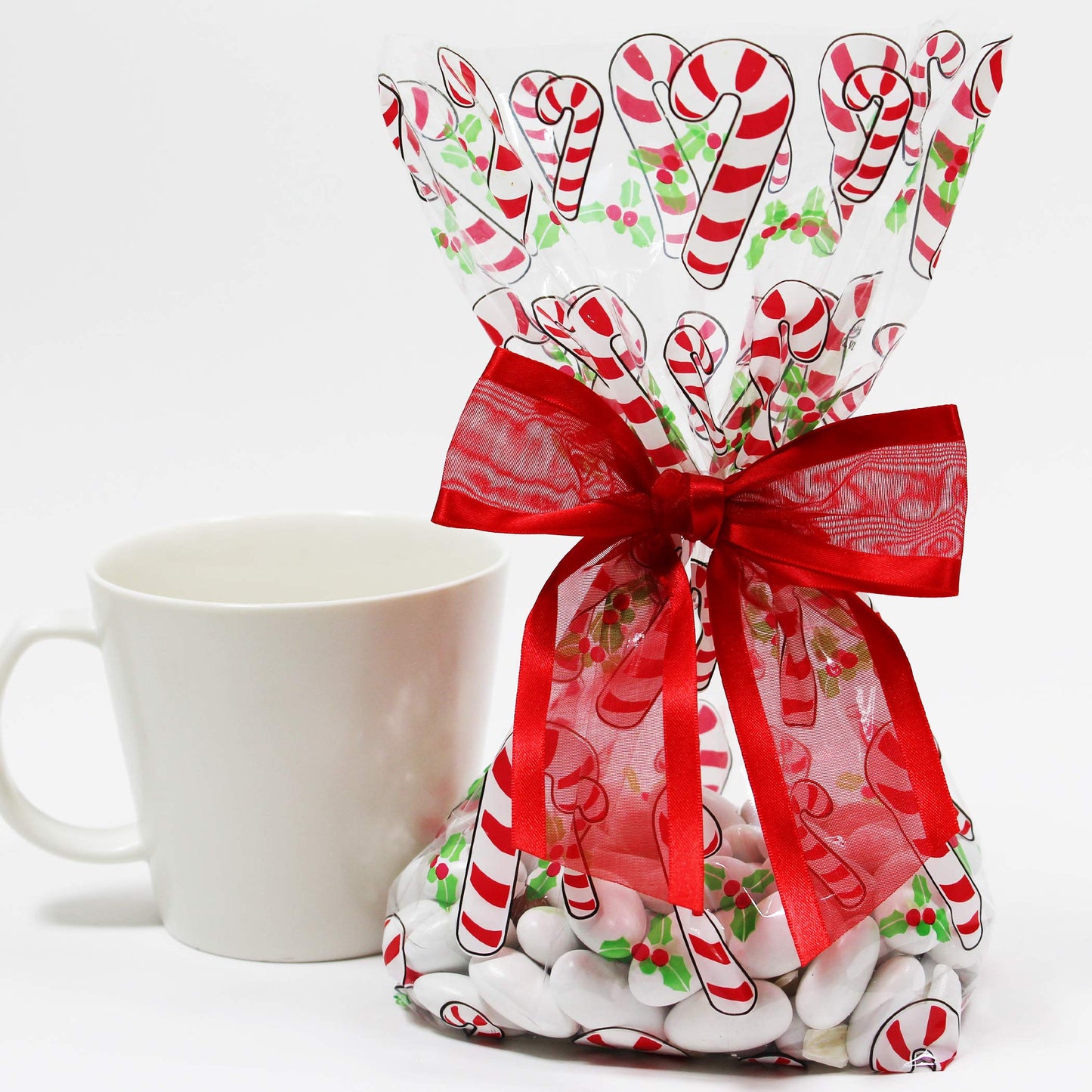 Saybrook Products Candy Canes Christmas Holiday Cellophane Treat Party Favor Bags with Twist-Tie Organza Bow. Set of 10 Ready-to-Use, Gussetted 11x5x3 Goodie Bags with Red Bows.