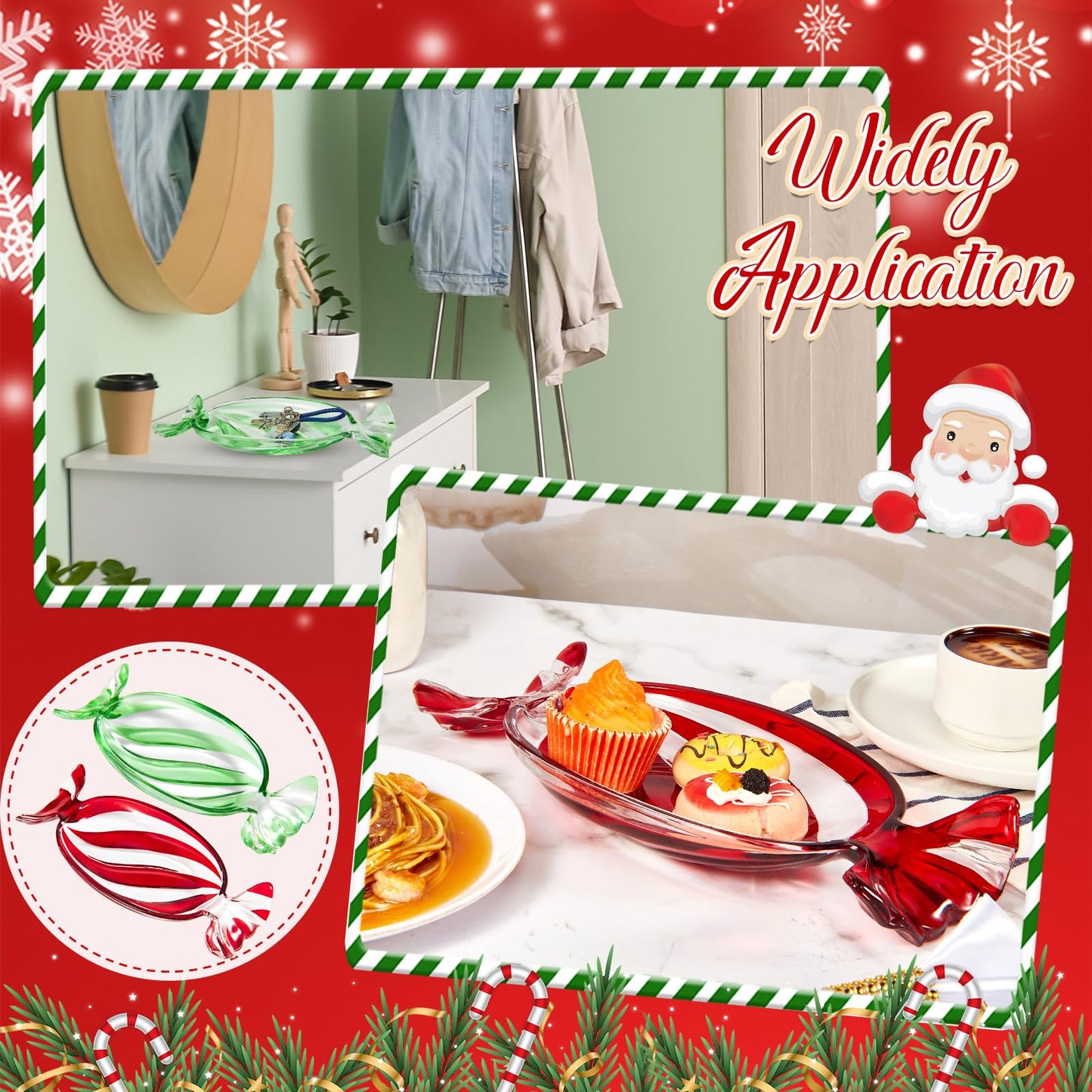 Maxcheck 2 Pcs Christmas Candy Platter Glass Candy Dish Tray Decorative Dessert Plate for Xmas Parties Holiday Treats Bowls Crystal Fruit Plates for Party Snack Storage (Large,Red and Green)