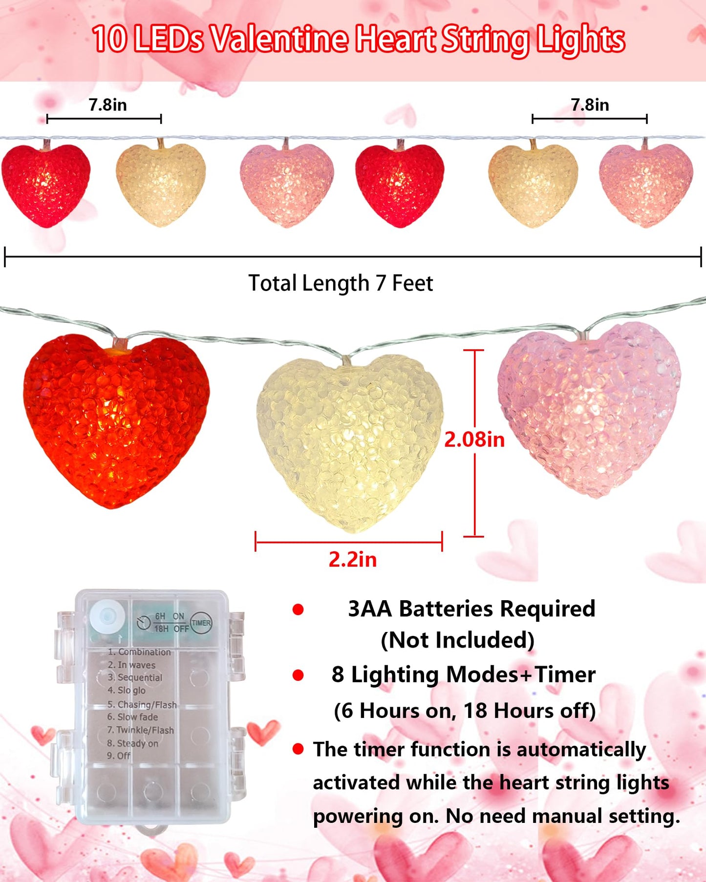 Valentine Lights Indoor 7Ft 10 LED Red White and Pink Heart Shaped String Lights with Timer & 8 Modes, Valentines Heart Light Battery Operated for Home Porch Wedding Christmas Valentine's Day Decor