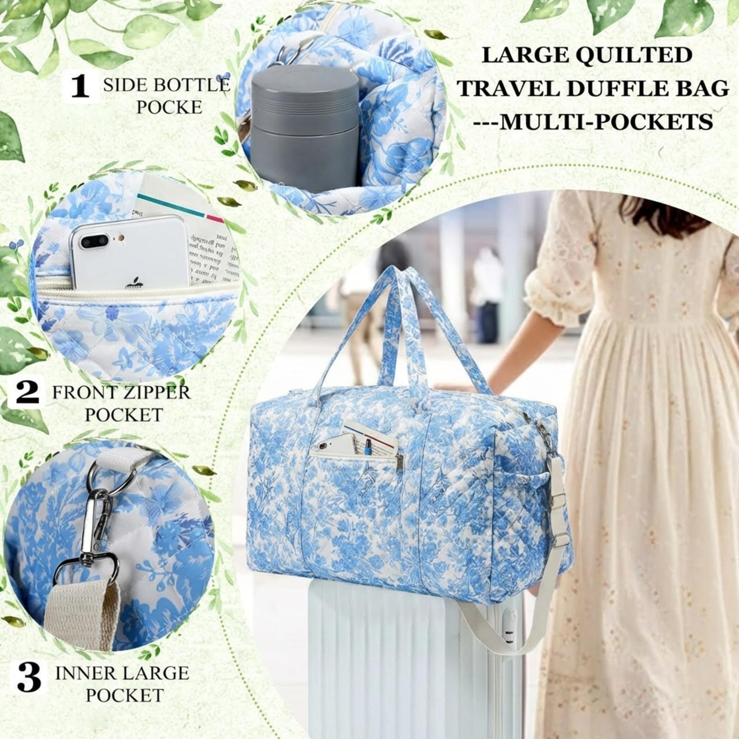 Dansydaisy Large Quilted Travel Duffle Bag for Women Floral Portable Gym Weekender Bag with Zipper Pockets Workout Grocery Pouch Duffle Gift Pouch for Work(Blue Floral)