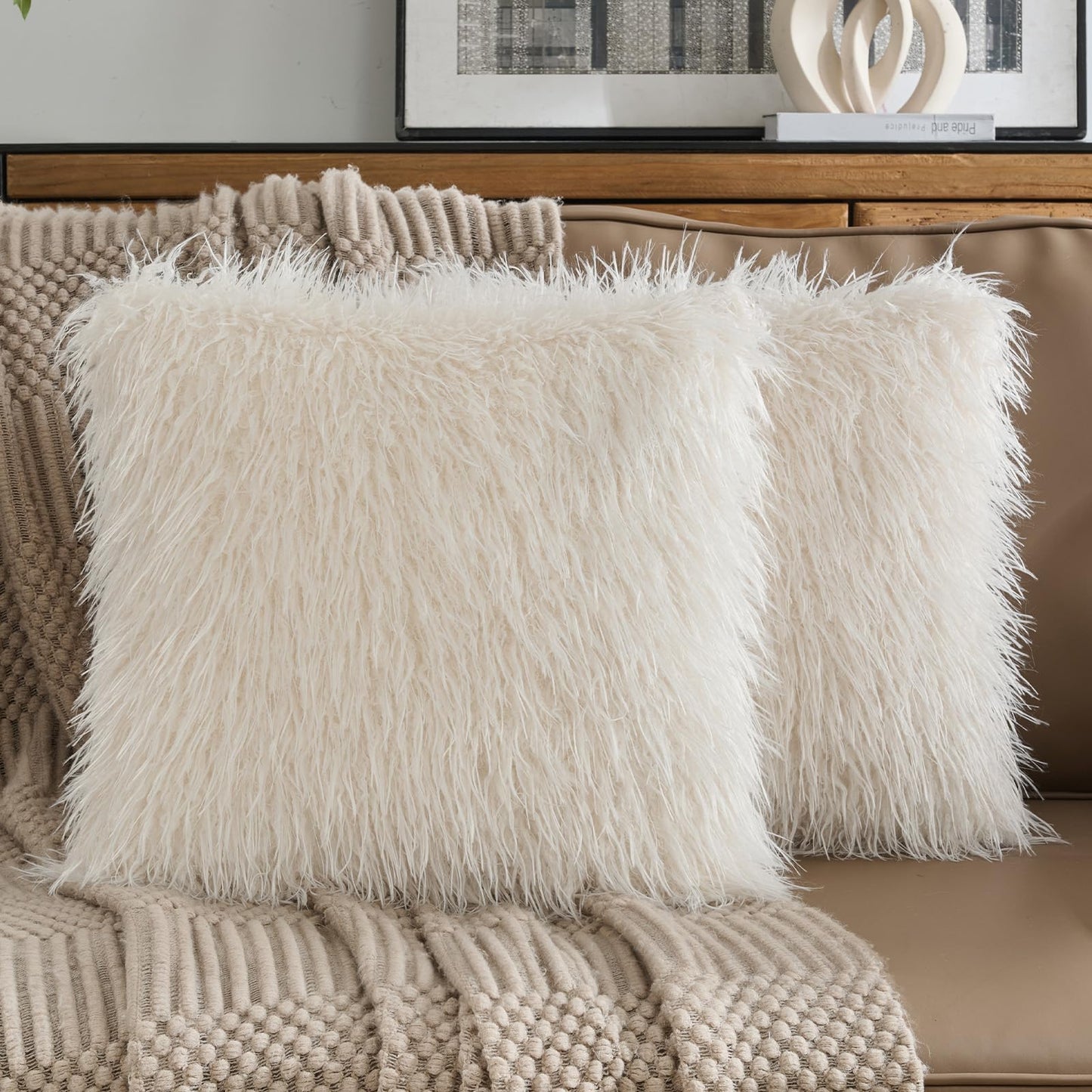 FUTEI Pack of 2 Shaggy Mongolian Faux Wool Throw Pillow Covers 18x18 Inch Soft Fluffy Farmhouse Decorative Cushion Case for Couch Bed Living Room, Cream White